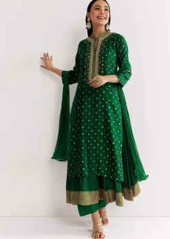 Dark Green Bandhani Kurta Set With Dupatta