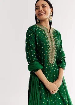 Dark Green Bandhani Kurta Set With Dupatta