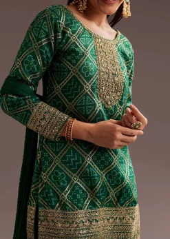 Dark Green Bandhani Zardosi Kurta Sharara Dupatta Set