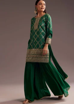 Dark Green Bandhani Zardosi Kurta Sharara Dupatta Set
