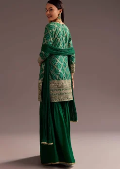 Dark Green Bandhani Zardosi Kurta Sharara Dupatta Set