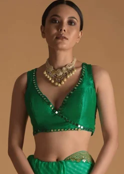 Dark Green Blouse In Raw Silk With Mirror Work And Open Back With Tassel Dori Tie Ups