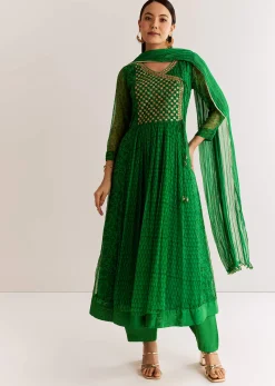 Dark Green Chiffon Angrakha Anarkali With Floral And Sequin Yoke