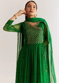 Dark Green Chiffon Angrakha Anarkali With Floral And Sequin Yoke