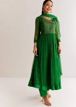 Dark Green Chiffon Angrakha Anarkali With Floral And Sequin Yoke