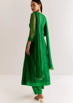 Dark Green Chiffon Angrakha Anarkali With Floral And Sequin Yoke