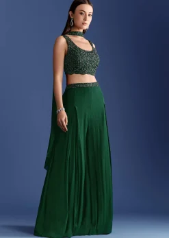 Dark Green Chinon Palazzo Set With Cutdana Croptop And Choker Dupatta