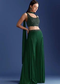 Dark Green Chinon Palazzo Set With Cutdana Croptop And Choker Dupatta