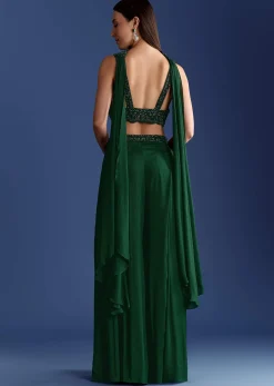 Dark Green Chinon Palazzo Set With Cutdana Croptop And Choker Dupatta