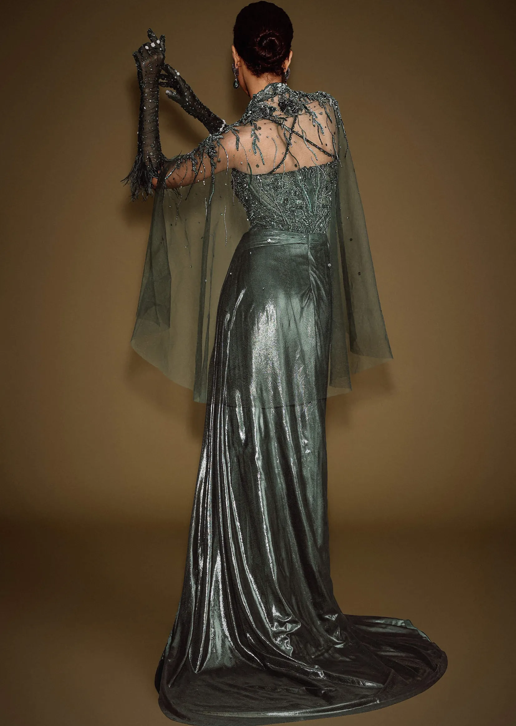 Dark Green Corset Drape Gown With Embroidered Cape