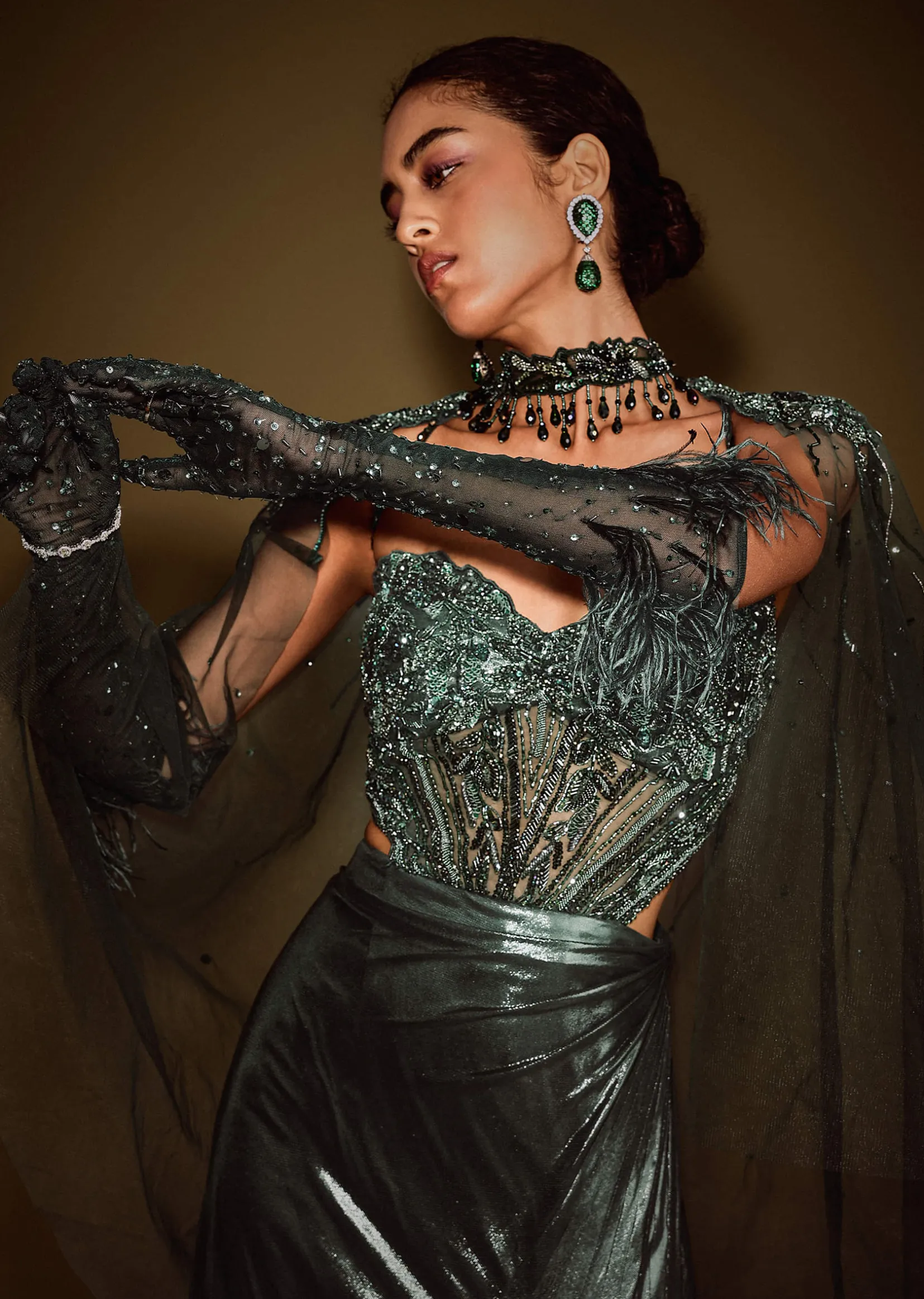 Dark Green Corset Drape Gown With Embroidered Cape