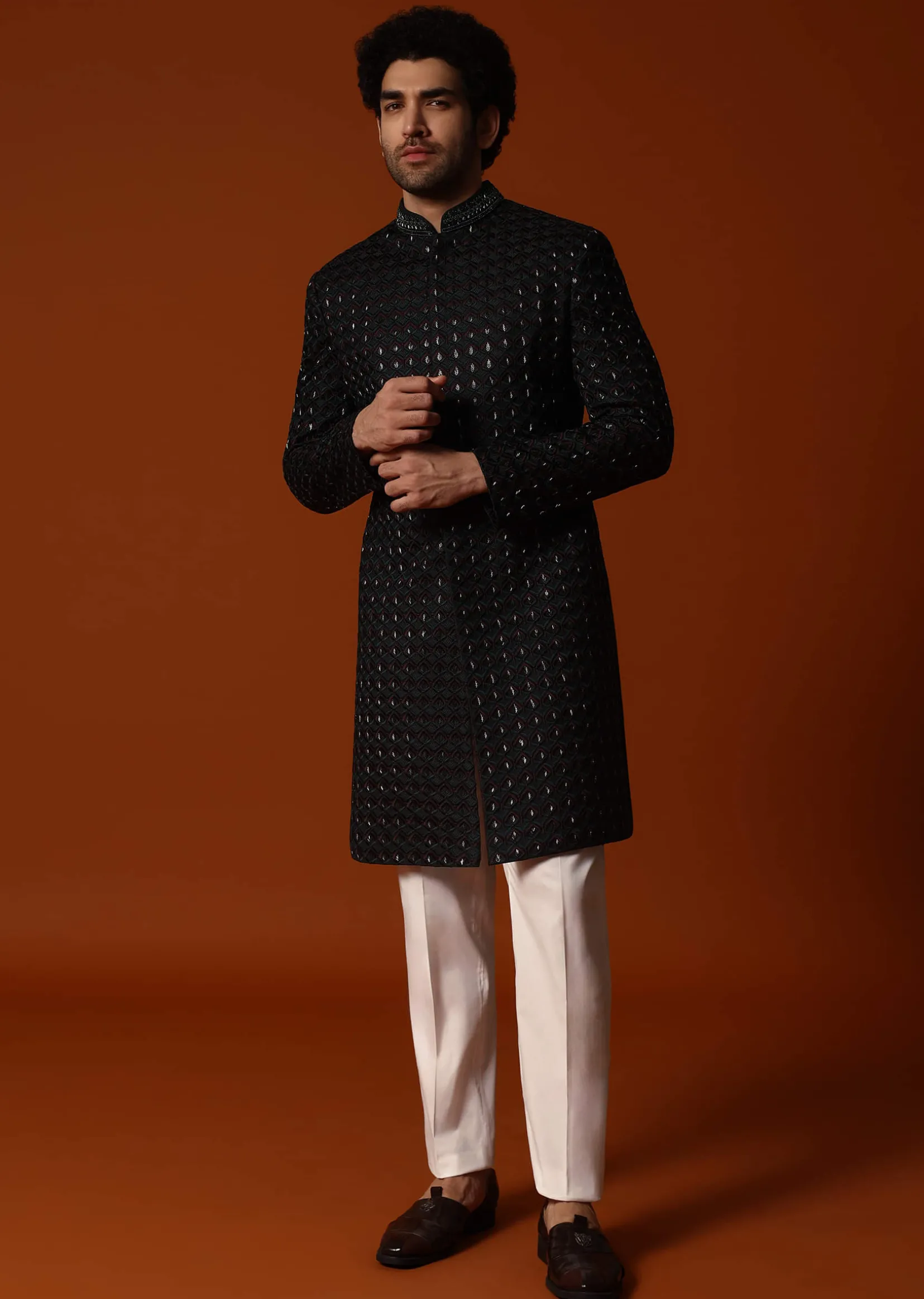 Dark Green Cutdana Embroidered Sherwani Set For Men