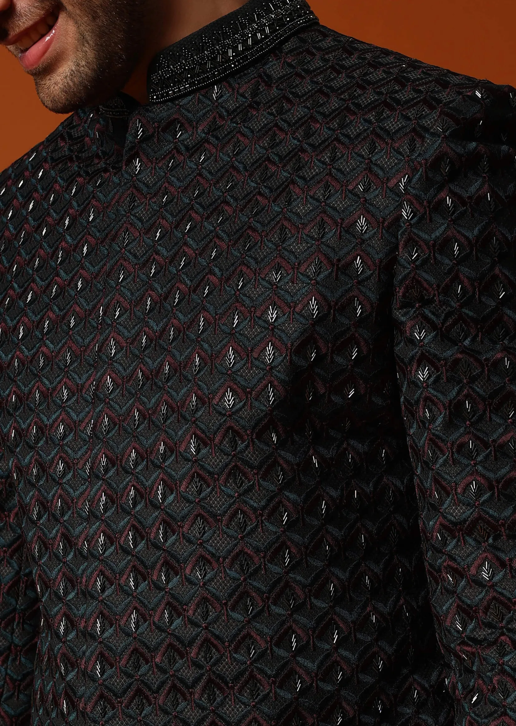 Dark Green Cutdana Embroidered Sherwani Set For Men