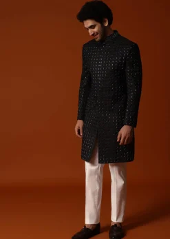 Dark Green Cutdana Embroidered Sherwani Set For Men