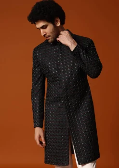 Dark Green Cutdana Embroidered Sherwani Set For Men