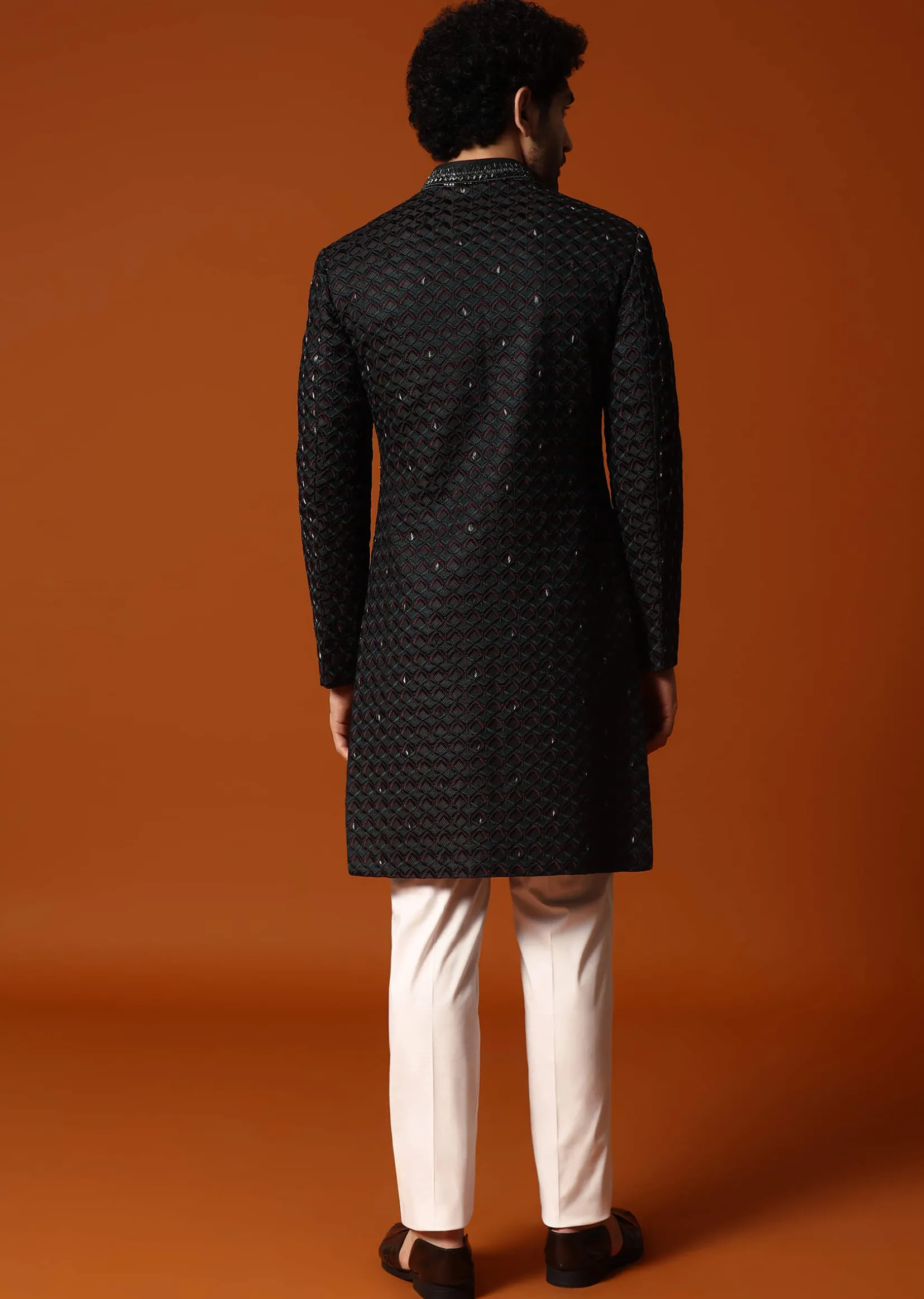 Dark Green Cutdana Embroidered Sherwani Set For Men