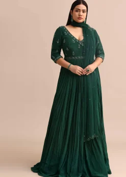 Dark Green Embroidered Anarkali Suit With Net Dupatta