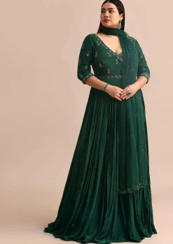 Dark Green Embroidered Anarkali Suit With Net Dupatta