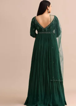 Dark Green Embroidered Anarkali Suit With Net Dupatta
