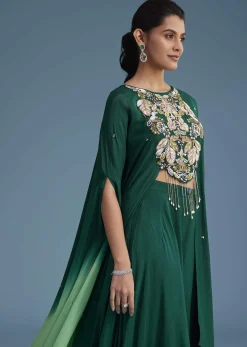 Dark Green Georgette Palazzo Set With Ombre Sleeves