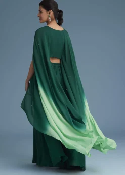 Dark Green Georgette Palazzo Set With Ombre Sleeves
