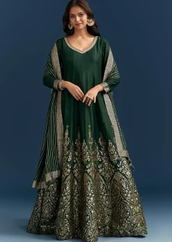 Dark Green Jacquard Silk Anarkali Suit With Festive Jacket Overlay
