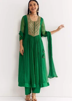 Dark Green Printed Chiffon Sequin Kurta Set With Dupatta