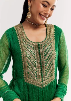 Dark Green Printed Chiffon Sequin Kurta Set With Dupatta