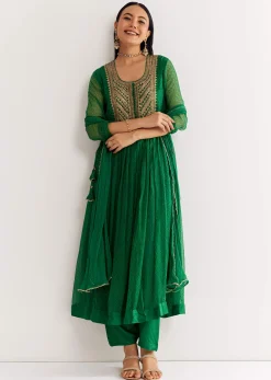 Dark Green Printed Chiffon Sequin Kurta Set With Dupatta