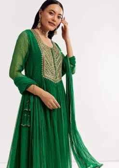 Dark Green Printed Chiffon Sequin Kurta Set With Dupatta