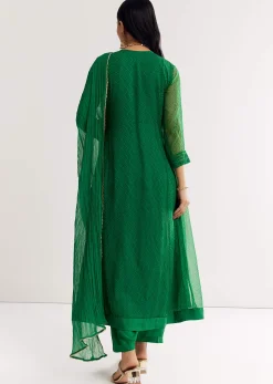Dark Green Printed Chiffon Sequin Kurta Set With Dupatta