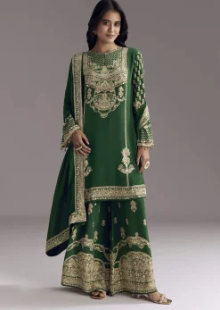 Dark Green Printed Crepe Palazzo Set With Keyhole Neckline