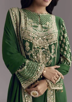 Dark Green Printed Crepe Palazzo Set With Keyhole Neckline