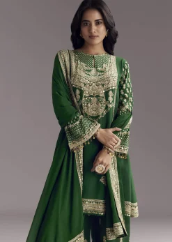 Dark Green Printed Crepe Palazzo Set With Keyhole Neckline