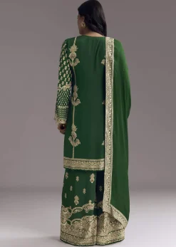Dark Green Printed Crepe Palazzo Set With Keyhole Neckline