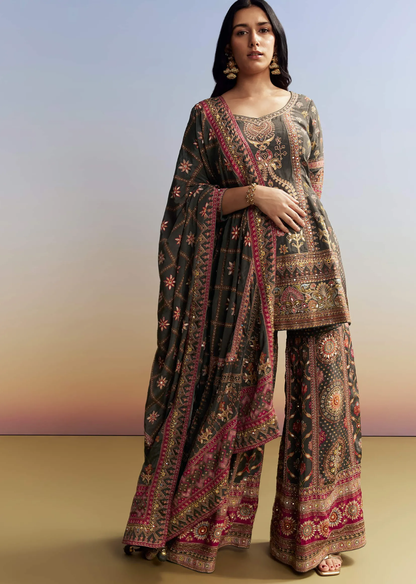 Dark Green Printed Sharara Set