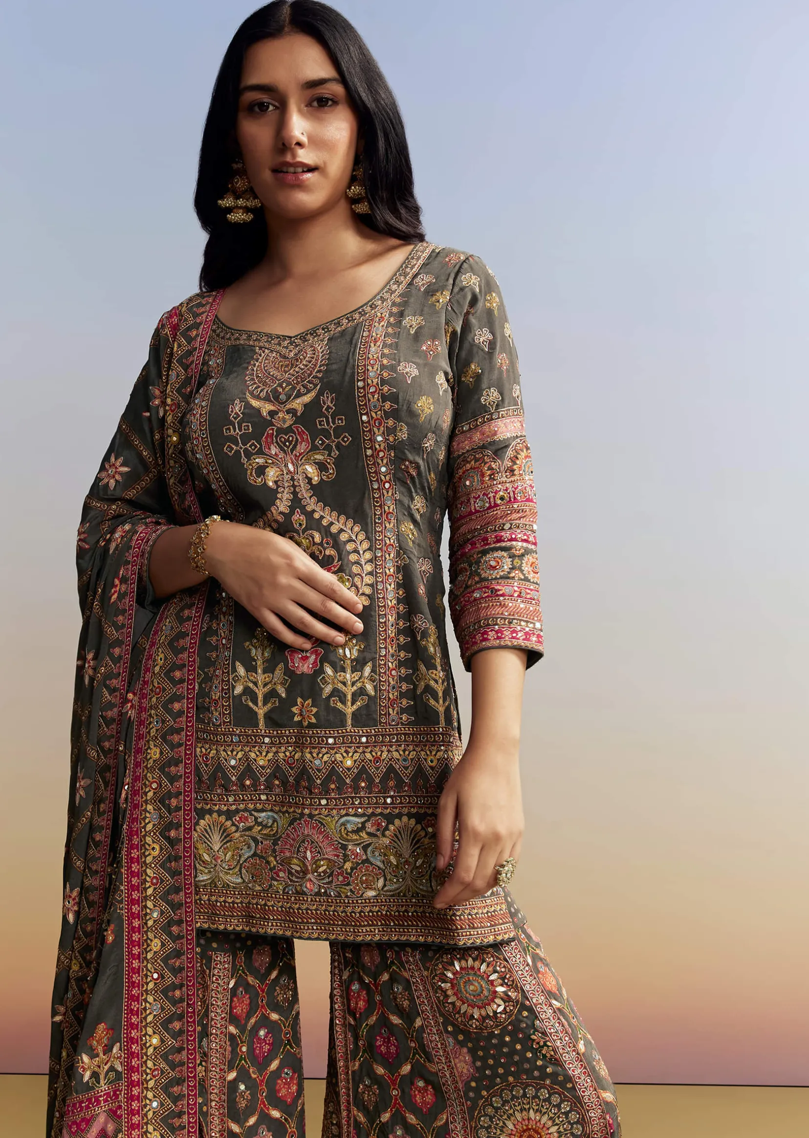 Dark Green Printed Sharara Set