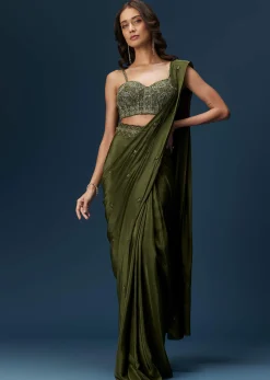 Dark Green Ready Pleated Saree With Corset Blouse