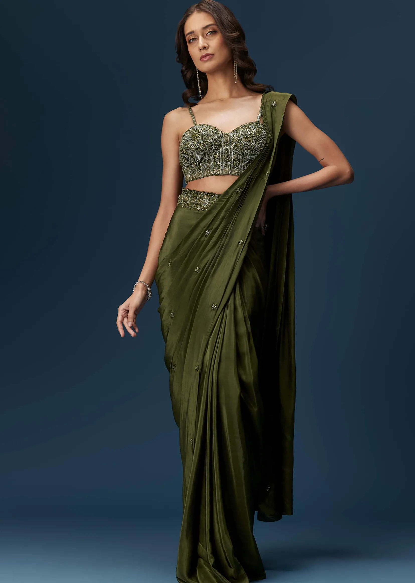 Dark Green Ready Pleated Saree With Corset Blouse