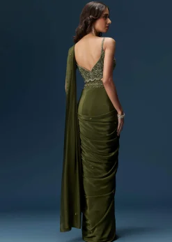 Dark Green Ready Pleated Saree With Corset Blouse