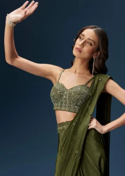 Dark Green Ready Pleated Saree With Corset Blouse