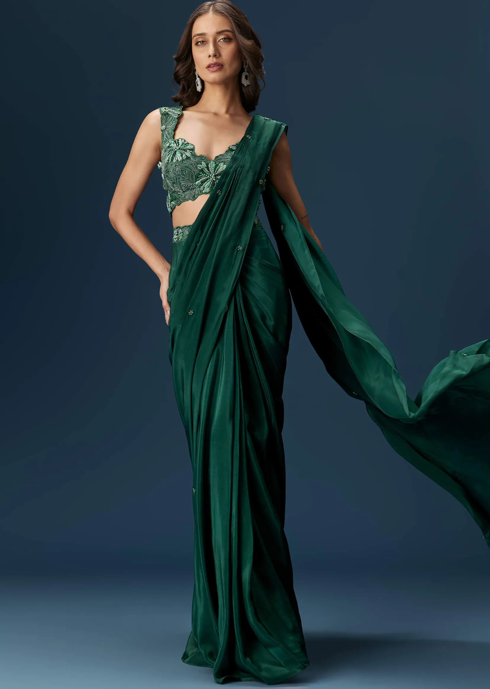 Dark Green Ready Pleated Saree With Embellished Blouse