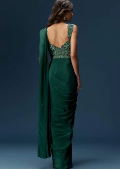 Dark Green Ready Pleated Saree With Embellished Blouse