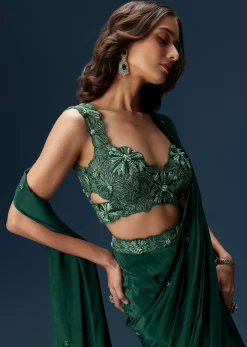 Dark Green Ready Pleated Saree With Embellished Blouse