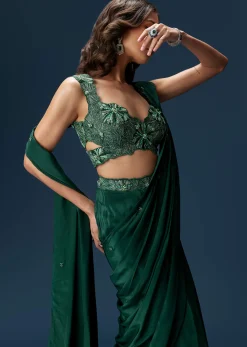 Dark Green Ready Pleated Saree With Embellished Blouse