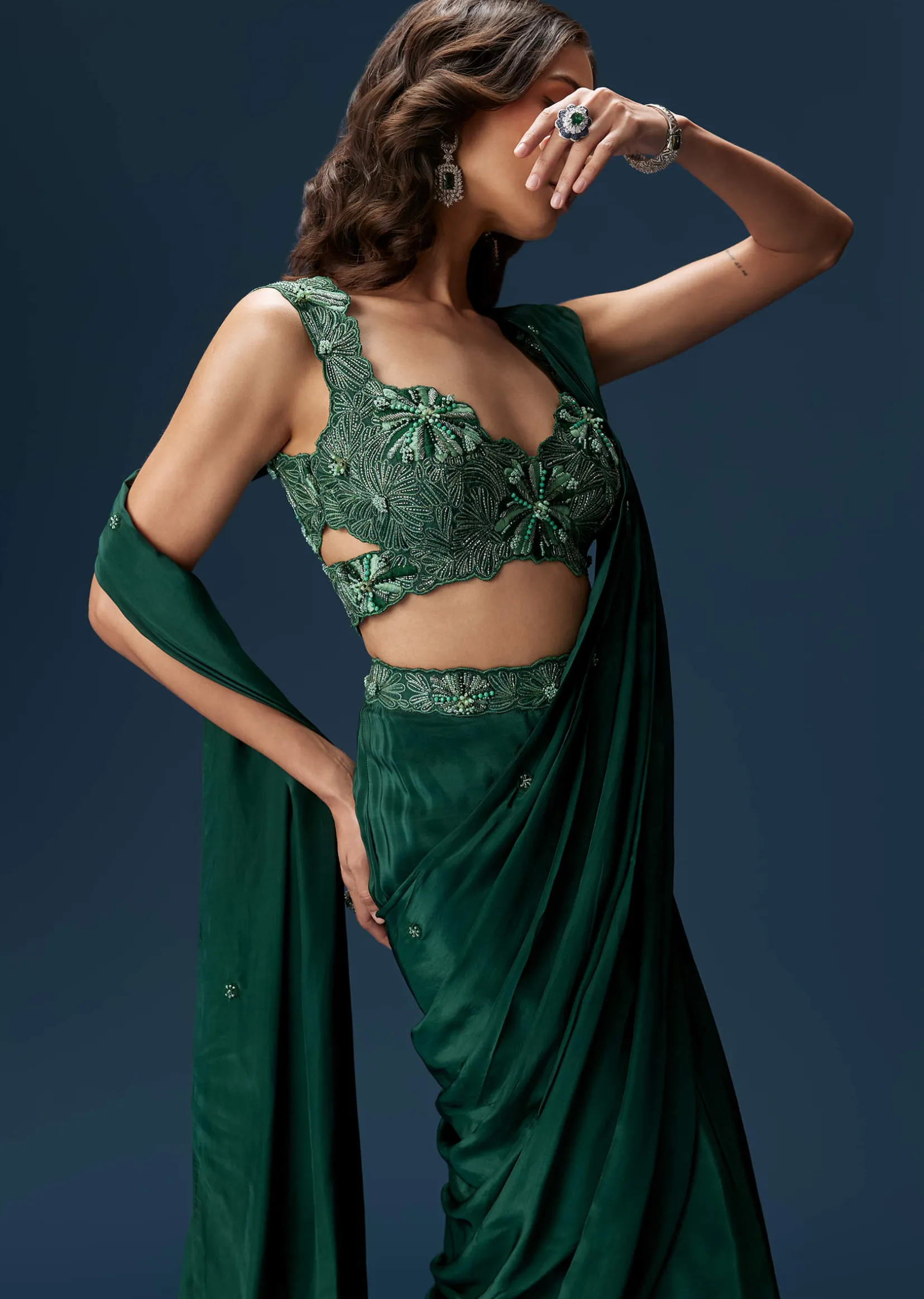 Dark Green Ready Pleated Saree With Embellished Blouse