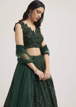 Dark Green Sequin Embellished Lehenga Set