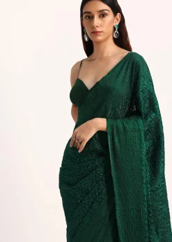 Dark Green Tissue Saree With Thread And Stone Embroidery And Unstitched Blouse