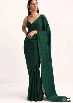 Dark Green Tissue Saree With Thread And Stone Embroidery And Unstitched Blouse