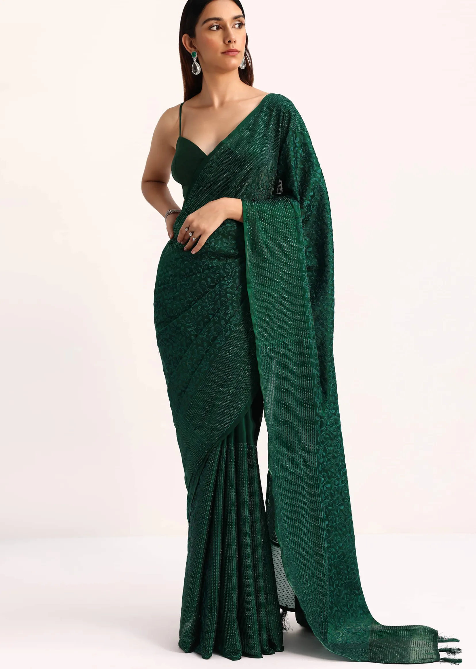 Dark Green Tissue Saree With Thread And Stone Embroidery And Unstitched Blouse